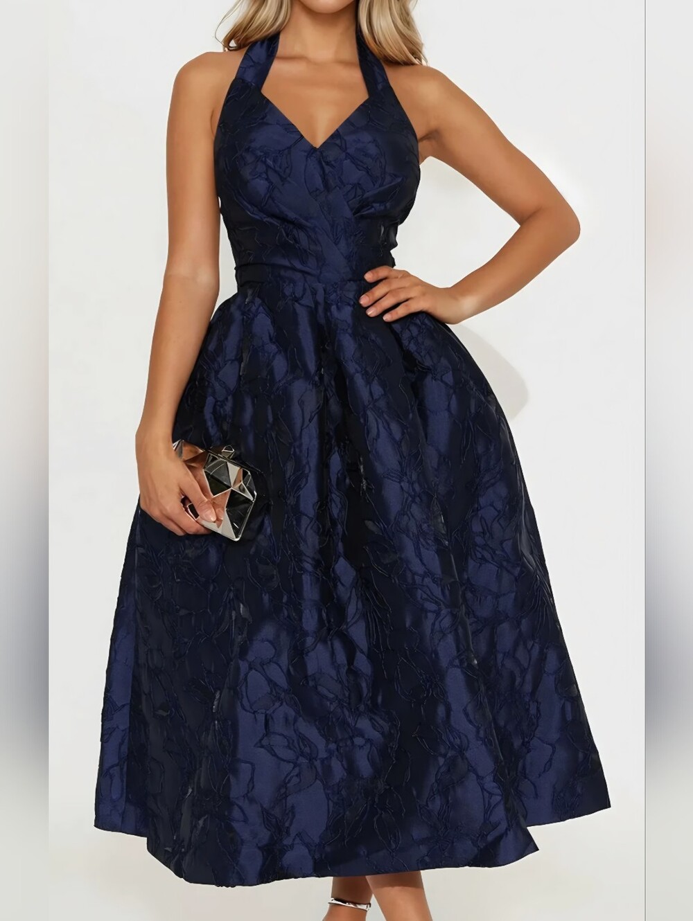 Satin Jacquard Halter Midi Dress